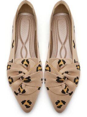 Womens Leopard Bow Pointed Toe Pull On Comfortable Knit Dressy Ballet Flat Shoes